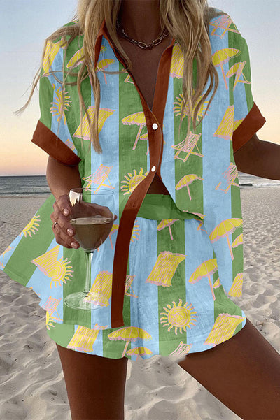 Beach Vacation Print Loose Buttoned Elastic Waist Shorts Set