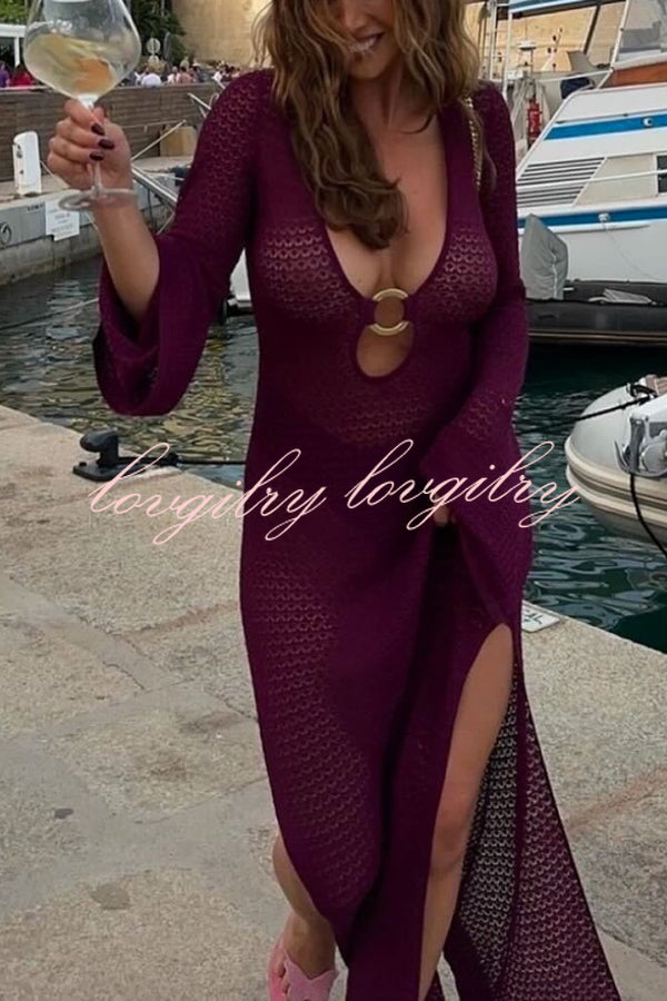 Seaside Goddess Crochet Knit Hollow Out Golden Ring Long Sleeve Cover-up Maxi Dress