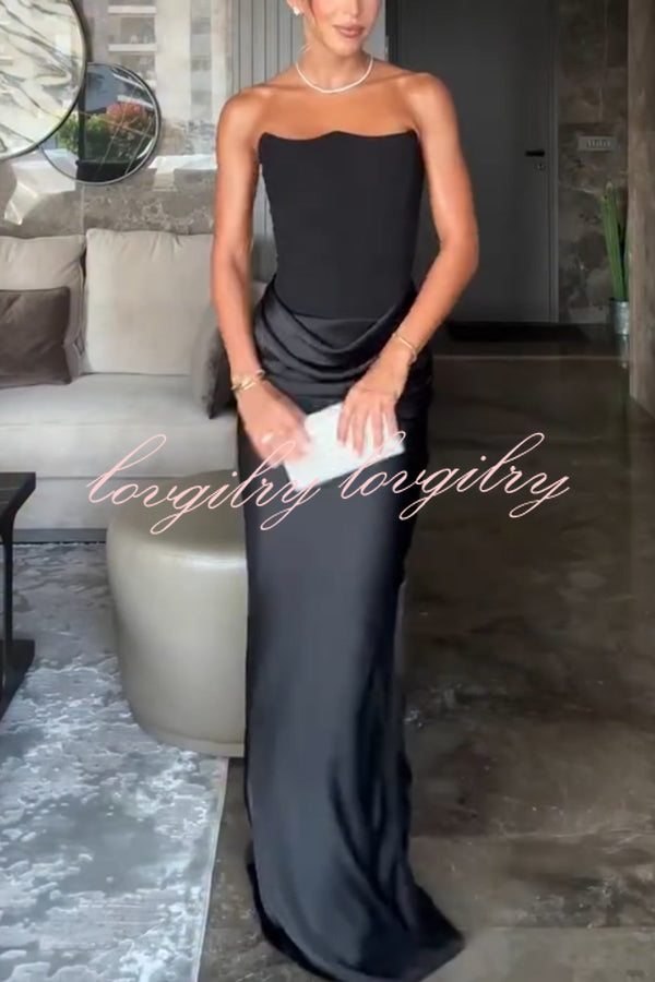 Attend The Gala Strapless Corset Satin Ruched Hip Drape Maxi Dress