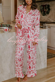 Christmas Night Satin Loose Shirt and Elastic Waist Pocketed Pajama Set