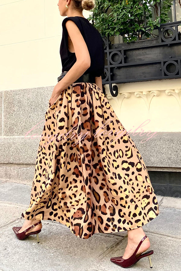 Stylish Leopard Print Elegant Large Hem Maxi Skirt