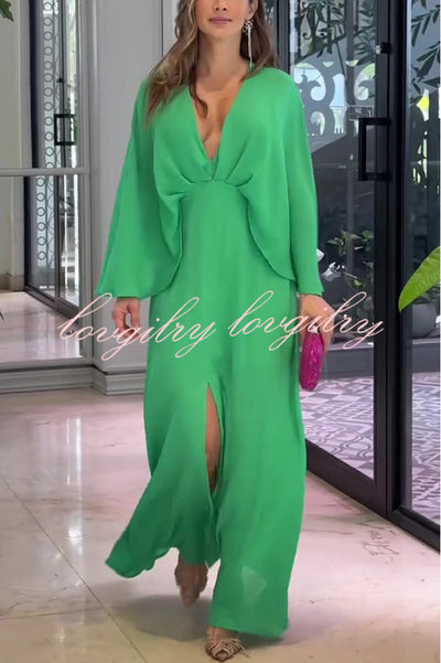 Elegant V Neck High Waist Front Slit Maxi Dress