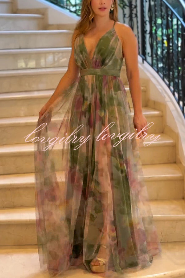 Kerrie Tulle Render Floral Print Cross Back Straps Maxi Dress