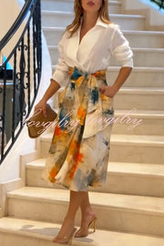 Jiles Linen Blend Unique Contrast Print Long Sleeve Tie-up Pocket Shirt Midi Dress