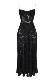 Romantic Vintage Feel Jacquard Fabric Back Lace-up Slip Floaty Maxi Dress