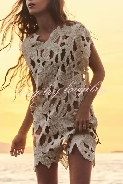 Fashion Crochet Hollow Loose Beach Cover-up Mini Dress