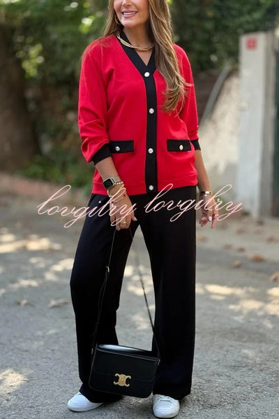 Stylish Color-blocked V-neck Knitted Button-down Cardigan and Elastic Waist Casual Wide-leg Pants Set