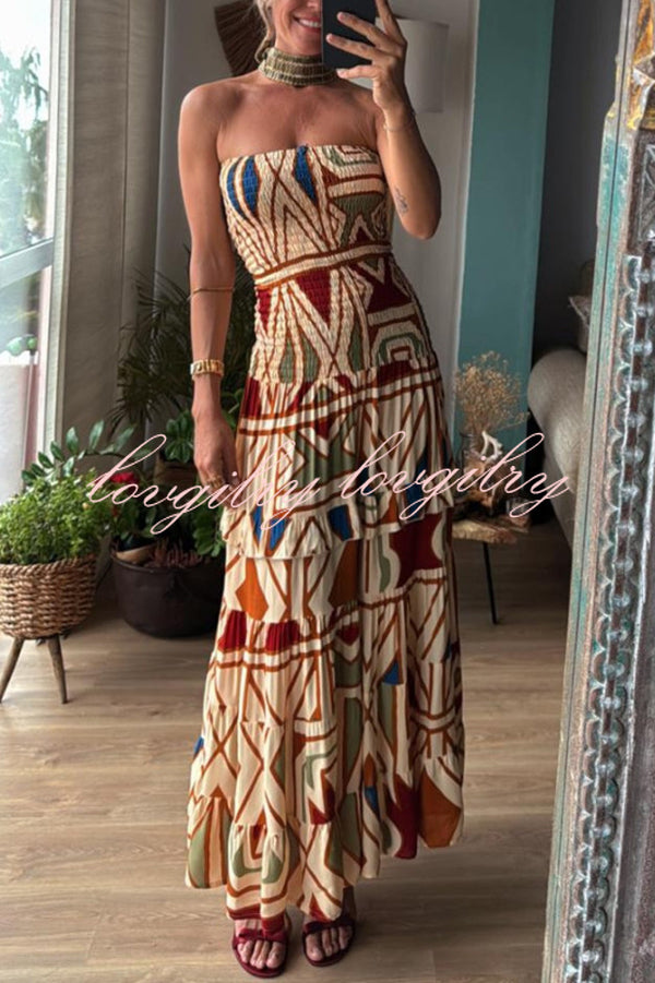 Bohemian Style Unique Print Tube Top Pleated Maxi Dress