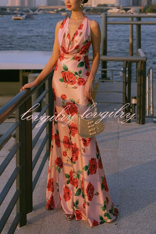 Rose Print Sexy Halter Neck Strappy Backless Slim Fit Maxi Dress