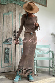 Bailey Knit Long Sleeve Pattern Hollow Out Tassel Trim Maxi Dress