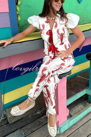 Fun Vacation Lobster Print Front Tie-up Puff Sleeve Loose Shirt