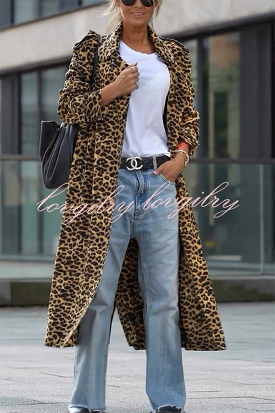 Be Free Velvet Leopard Print Long Sleeve Loose Midi Trench Coat