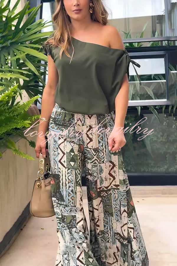 Terrace View Off Shoulder Tie Loose Top and Elastic Waist Unique Print Loose Pants Set