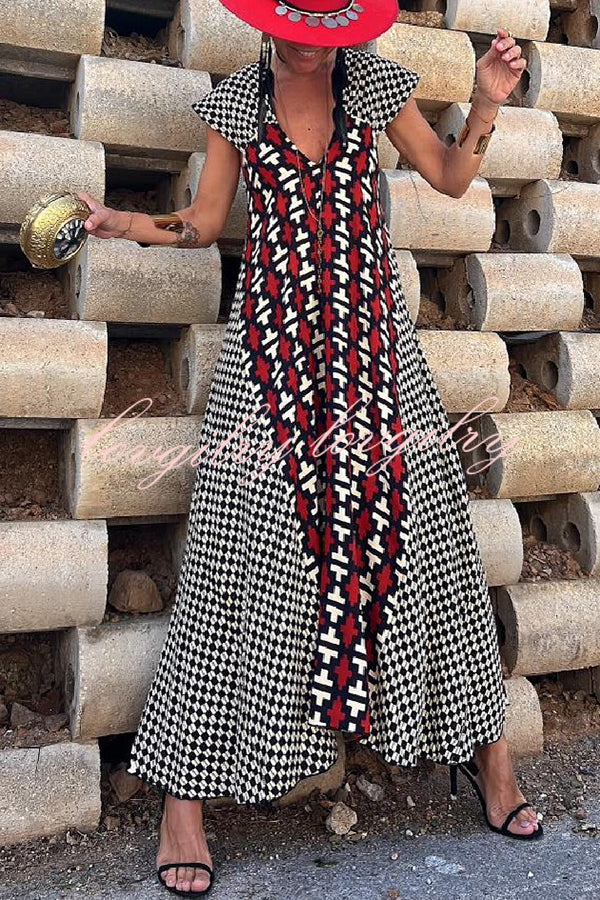 Fresh Breeze Ethnic Unique Print Ruffle Sleeve A-line Maxi Dress