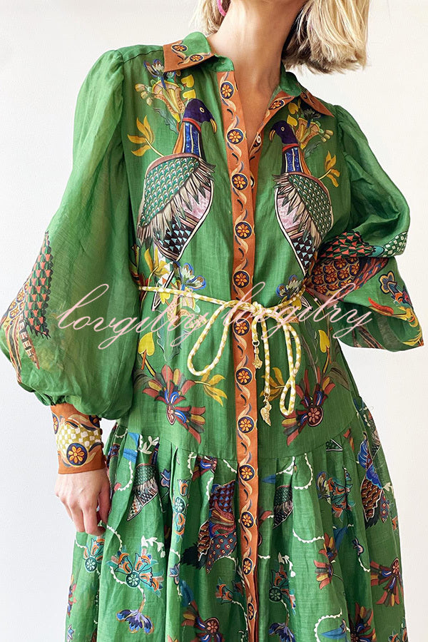 Special Moment Heaven Bird Print Balloon Sleeve Shirt Midi Dress