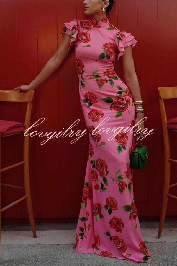 Cheongsam Style Rose Floral Print Tiered Flare Sleeve Stretch Maxi Dress