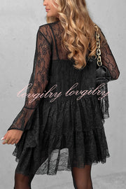 Feeling Lighthearted Lace Ruffle Neck Bell Sleeve Layered Hem A-line Mini Dress