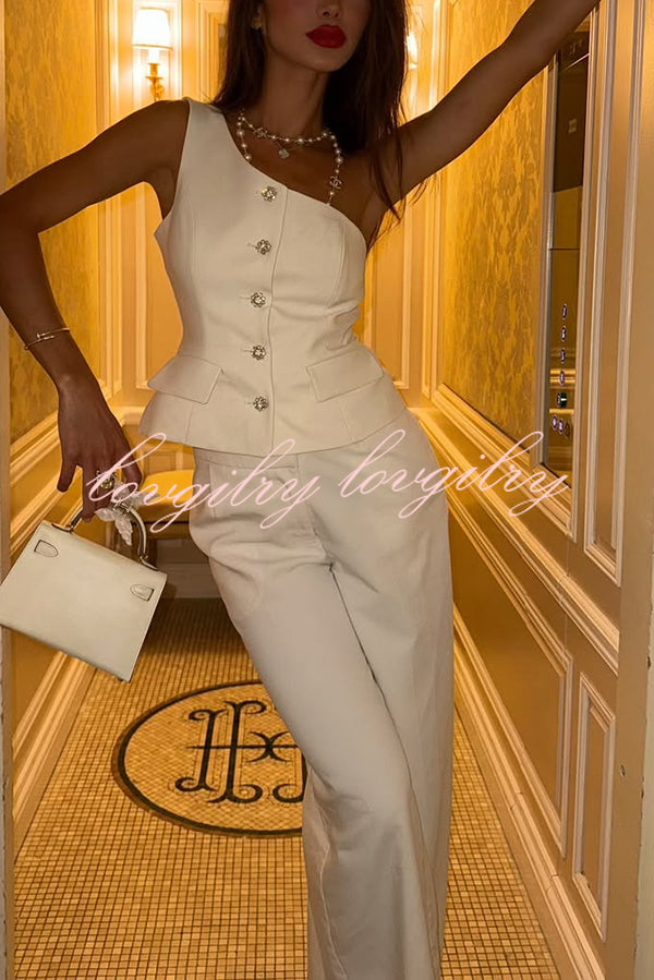 Fashion One-shoulder Slim-fit Button Vest and Casual Pocket Straight-leg Suit Pants Set