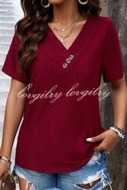 Temperament and Casual Buttoned V Neck Hollow Short Sleeved Top