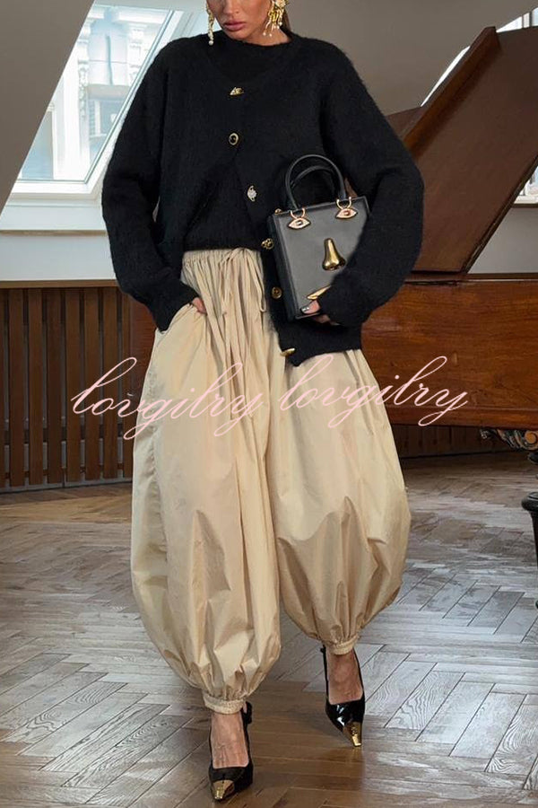 Solid Color Casual Pocket Elastic Waist Lantern Wide Leg Pants