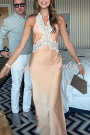 Anniversary Sweet Satin Lace Trim Halter Backless Maxi Dress