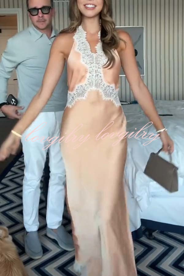 Anniversary Sweet Satin Lace Trim Halter Backless Maxi Dress