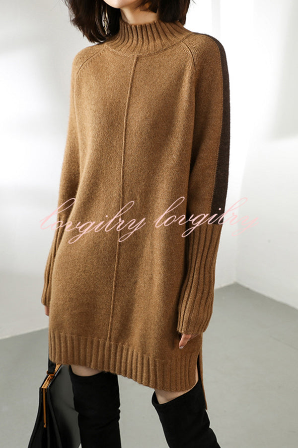 Dbfbdtu Knitted Turtleneck Slit Long Sleeved Mini Dress