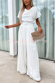 Ivy Cowl Neck Short Sleeve Belt Pleated Loose Wide Leg Jumpsuit