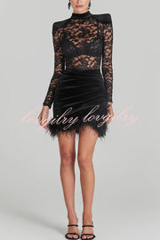 Freya Floral Lace Velvet Patchwork Feather Trim Ruched Stretch Mini Dress