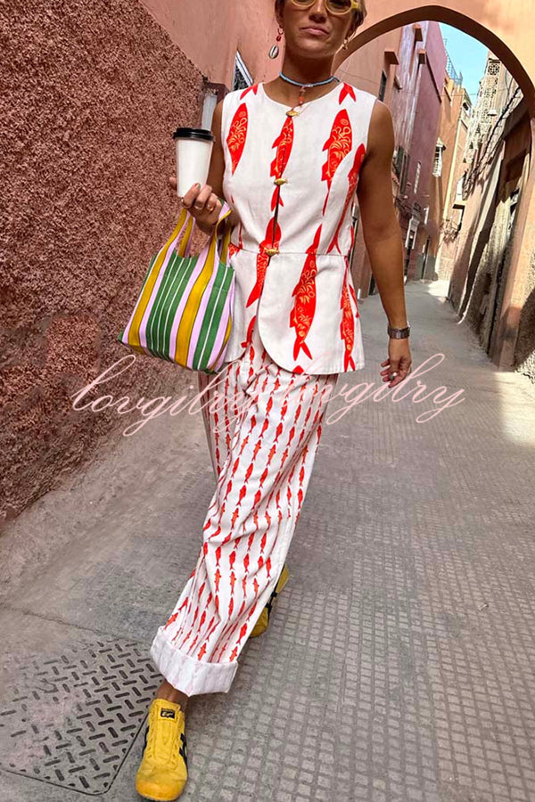 Good Luck Linen Blend Koi Pattern High Rise Elastic Waist Loose Pants
