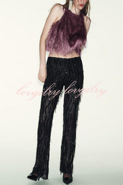 Flowing Elegance Layered Tassels Round Neck Sleeveless A-line Tank