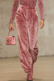 Solid Color Velvet Casual Pocket Loose Straight Leg Pants