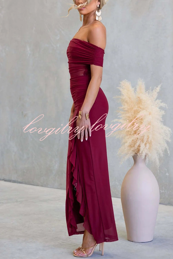 Sexy Mesh Off-shoulder Slim Fit Ruffled Slit Maxi Dress