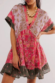 Bohemian Printed Casual Short Sleeve Ruffled Mini Dress