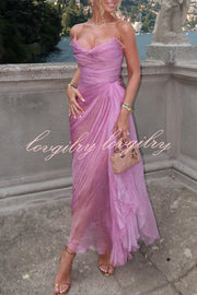 Julie Tulle Lace Trim Off Shoulder Ruched Back Lace-up Drape Slit Maxi Dress
