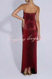 Party Time Pleated Metallic Fabric Off Shoulder Irregular Hem A-line Maxi Dress