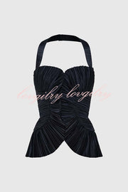 Show Exquisiteness Satin Pleated Heart-shaped Off Shoulder Halter Tank