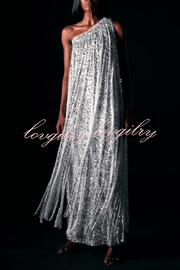 Holiday Muse Sequined Slit Tassels One Shoulder H-line Maxi Dress