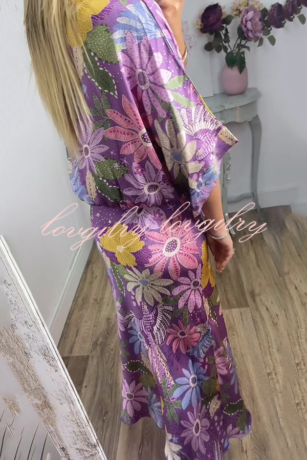 Satin Floral Print V-neck Half-sleeve Loose Top and Elegant Maxi Skirt Set