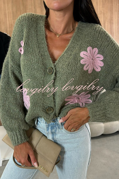 Embroidered Floral V-neck Long-sleeved Button-knit Cardigan