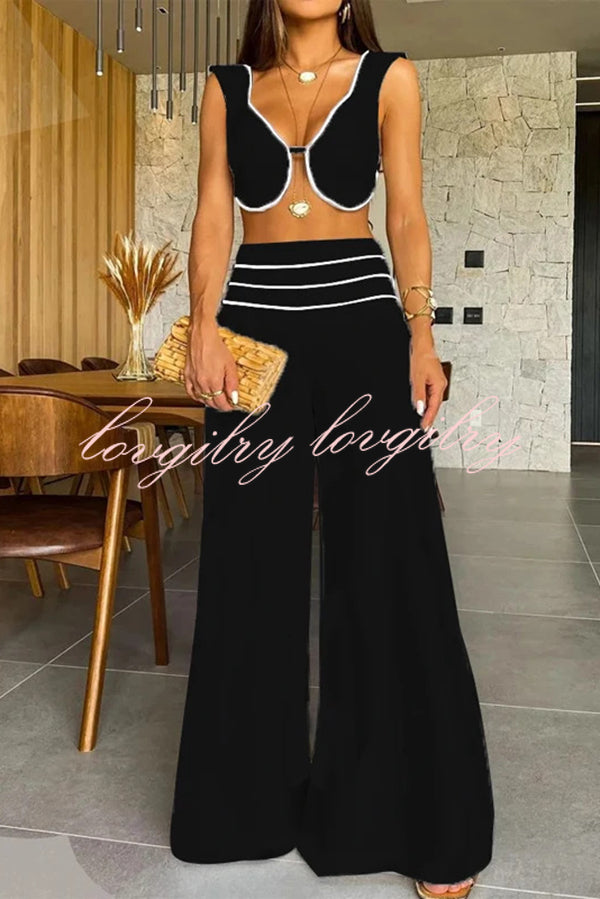 Solid Color Sexy V-neck Sleeveless Top and High-waisted Loose Pants Set