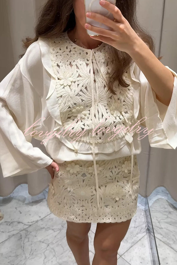 Fashionable Round Neck Tie Hollow Stitching Casual Shirt