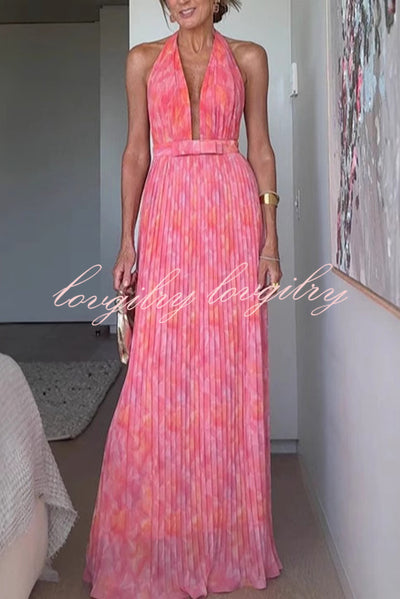 Unique Print Sexy Halter Neck Tie Pleated Vacation Maxi Dress