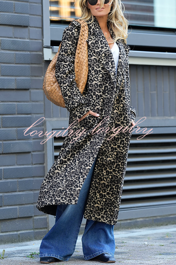 Leopard Affair Animal Print Epaulettes Long Sleeve Pocketed Lapel Midi Trench Coat