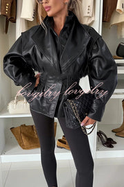Play It Cool Faux Leather Single Button Elastic Waist Lapel Moto Jacket