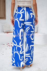 Uniquely Printed Ruffled Elastic Waist Pocket Pleated Wide Leg Pants