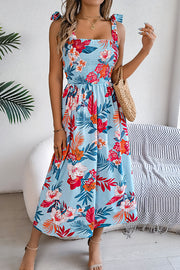 Plant Print Suspenders Pleated Holiday Beach Midi Dress