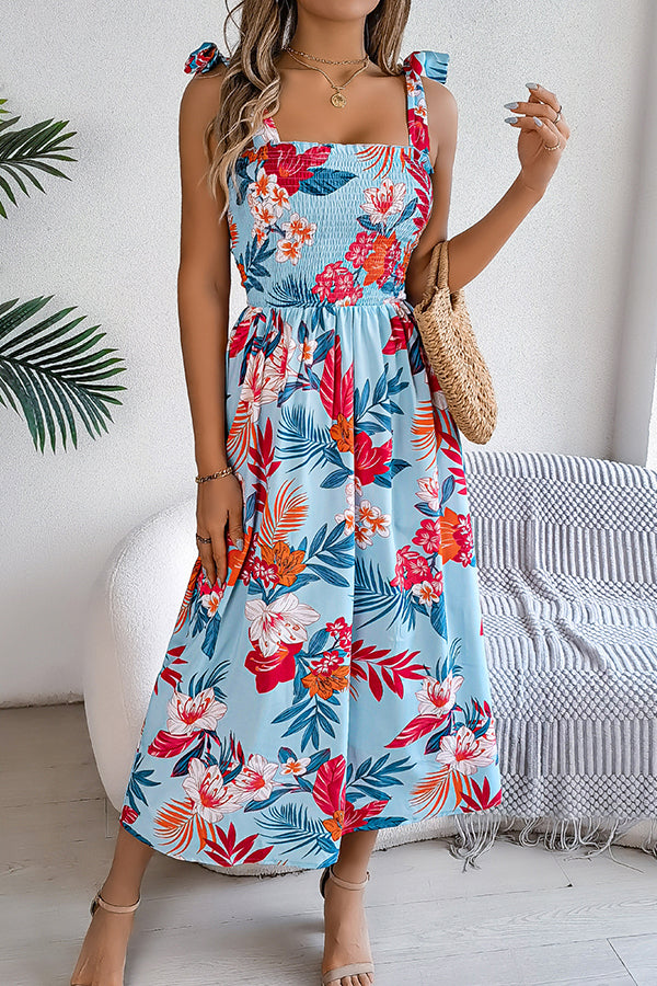 Plant Print Suspenders Pleated Holiday Beach Midi Dress