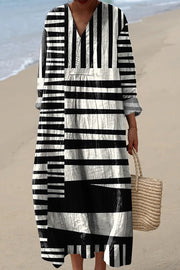 Black and White Contrast Print V-Neck Long Sleeve Loose Midi Dress