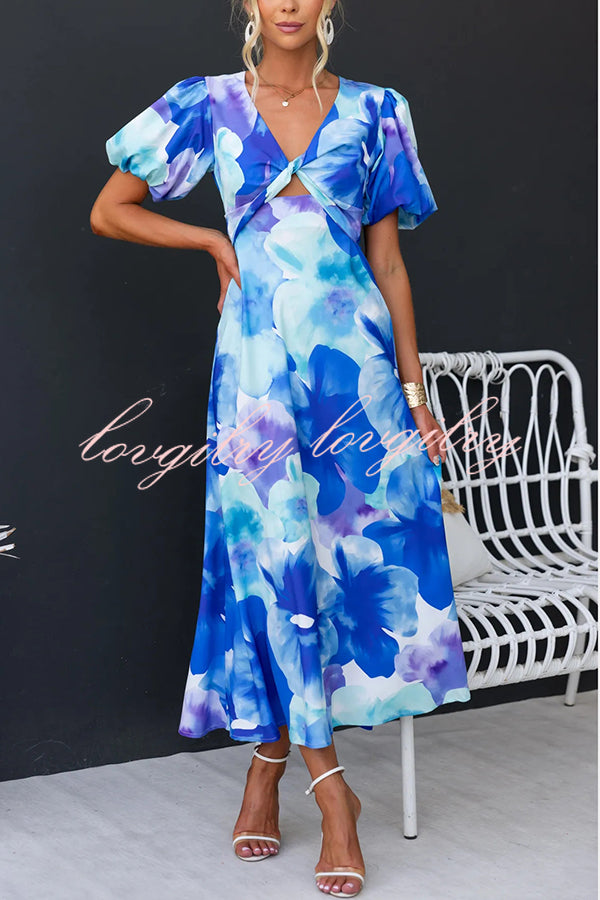 Sophia Floral Print Satin Puff Sleeve Twist Front Cutout Midi Dress